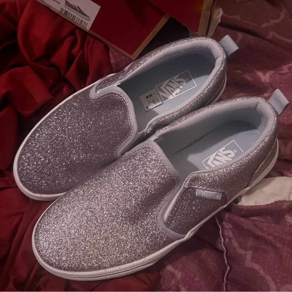 Vans Asher Glitter Sidewall Metallic Gray Women's Casual Slip-On Shoes